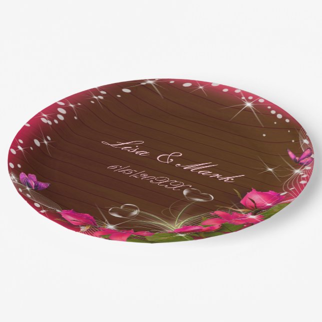 Rustic Wood Pink Floral Butterfly Wedding Paper Plates (Angled)