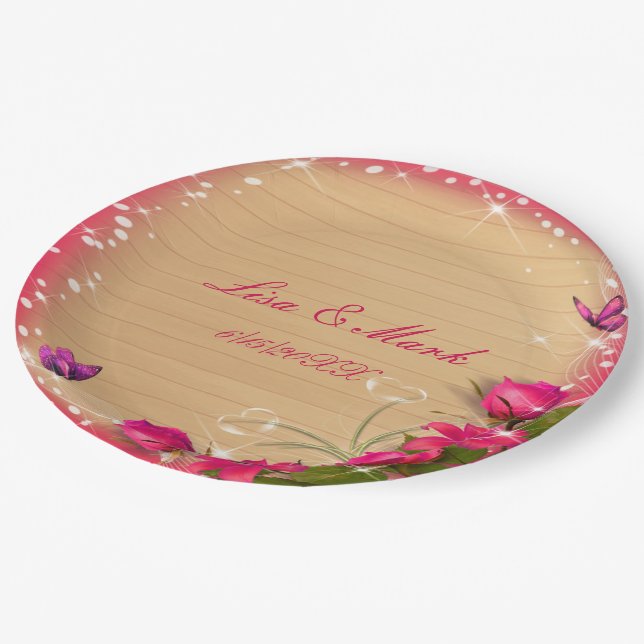 Rustic Wood Pink Floral Butterfly Wedding Paper Plates (Angled)