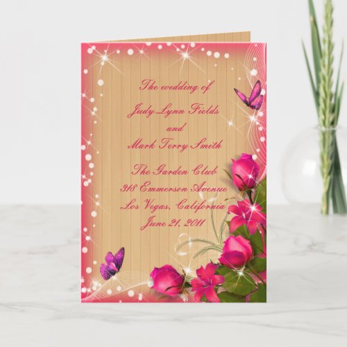 Rustic Wood Pink Floral Butterfly Wedding Program