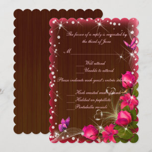 Rustic Wood Pink Floral Butterfly Wedding Response Invitation
