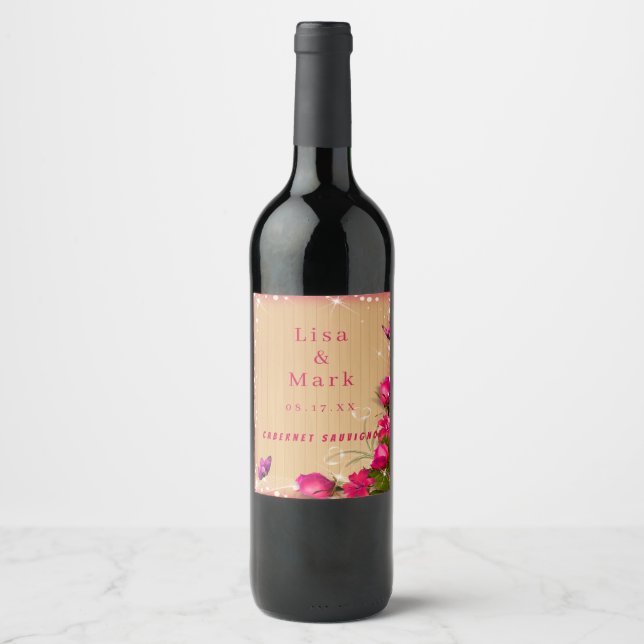 Rustic Wood Pink Floral Butterfly Wedding Wine Label (Front)
