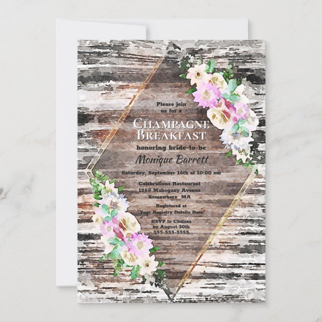 Rustic Wood Pink Floral Champagne Breakfast Invitation (Front)