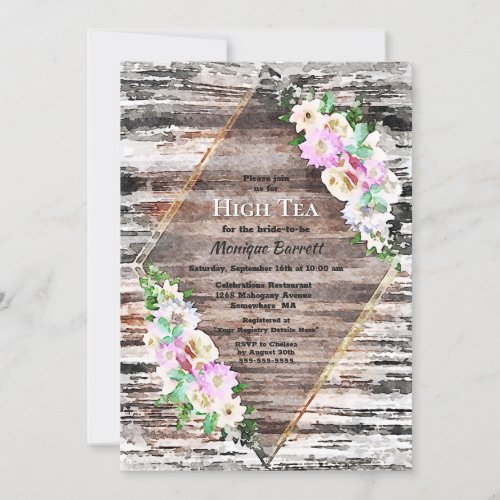 Rustic Wood Pink Floral Geometric Bridal High Tea Invitation