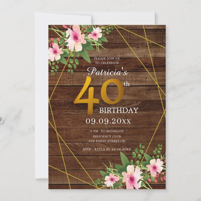 Rustic Wood Pink Floral Gold Glitter 40th Birthday Invitation (Front)