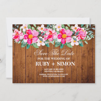 Rustic Wood Pink Floral Lights Wedding Invitation