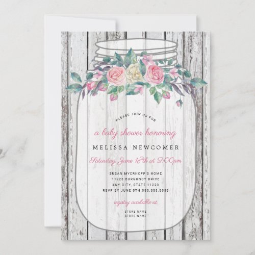 Rustic wood pink floral mason jar baby shower  invitation