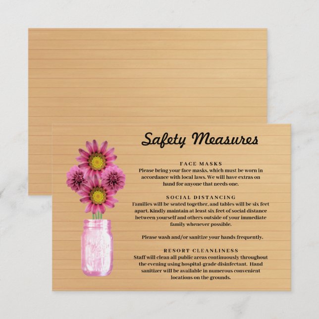 Rustic Wood Pink Floral Mason Jar Safety Measures Enclosure Card (Front/Back)