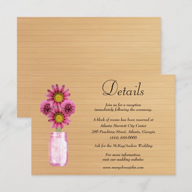 Rustic Wood Pink Floral Mason Jar Wedding Details Enclosure Card (Front/Back)