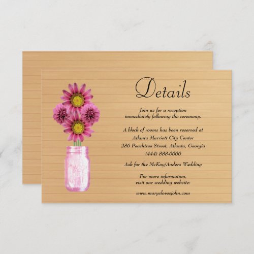 Rustic Wood Pink Floral Mason Jar Wedding Details Enclosure Card