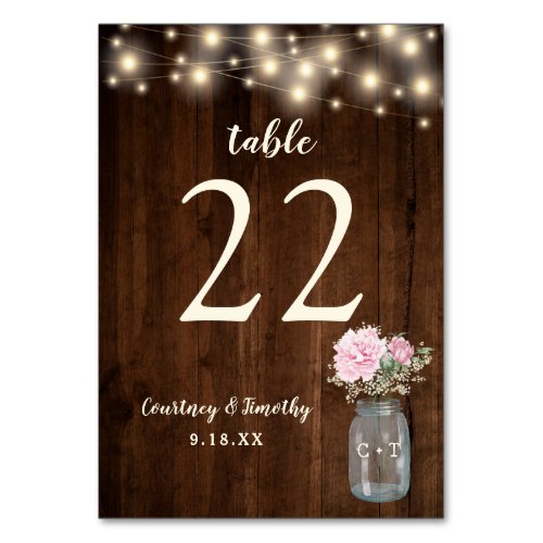 Rustic Wood Pink Floral Mason Jar  Wedding Table Number