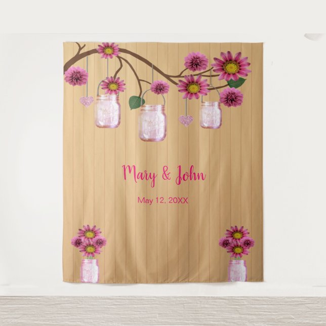 Rustic Wood Pink Floral Mason Jars Photo Backdrop (Front)
