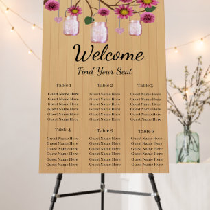 Rustic Wood Pink Floral Mason Jars Seating Chart Foam Board