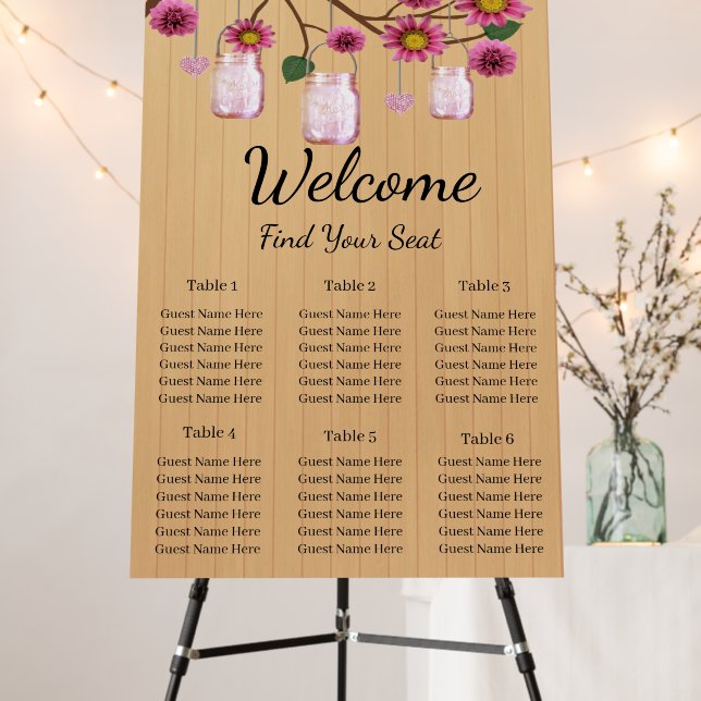 Rustic Wood Pink Floral Mason Jars Seating Chart Foam Board (In Situ (Stand))