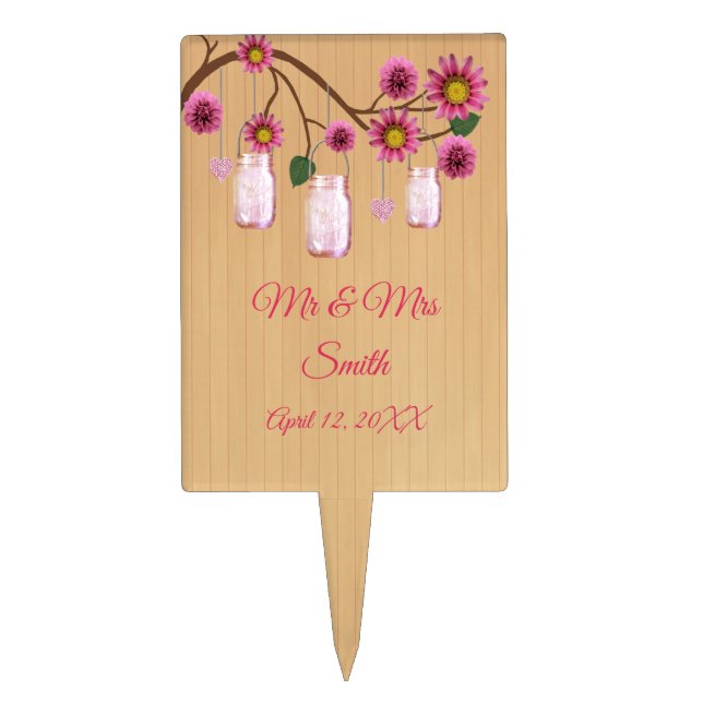 Rustic Wood Pink Floral Mason Jars Wedding Cake Topper (Front)