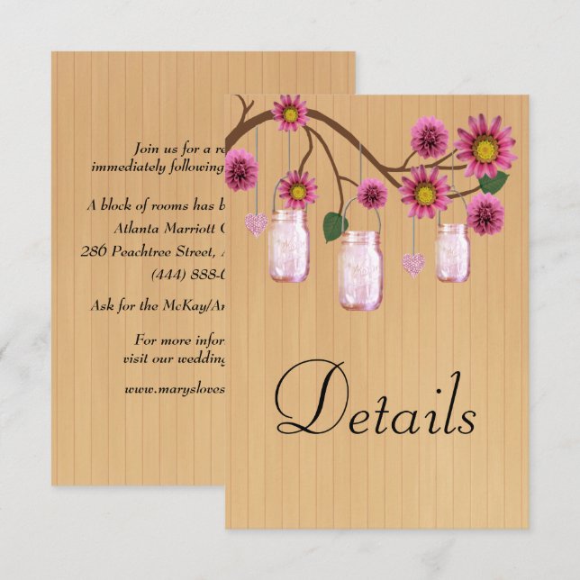 Rustic Wood Pink Floral Mason Jars Wedding Details Enclosure Card (Front/Back)