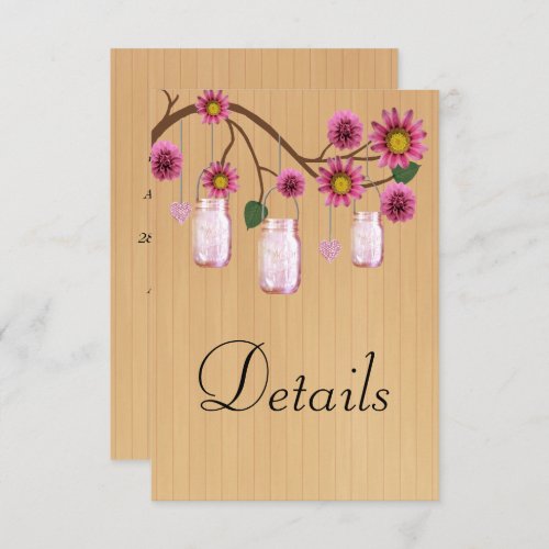 Rustic Wood Pink Floral Mason Jars Wedding Details Enclosure Card