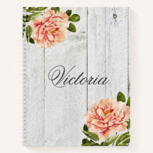 Rustic Wood  Pink Floral Personalized Script Notebook