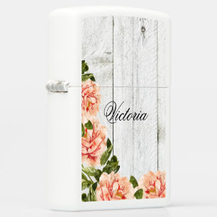 Rustic Wood Pink Floral Personalized Script Zippo Lighter