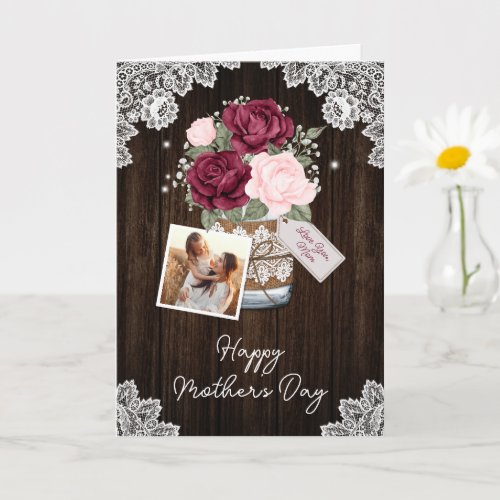 Rustic Wood Pink Floral Photo Happy Mothers Day Card