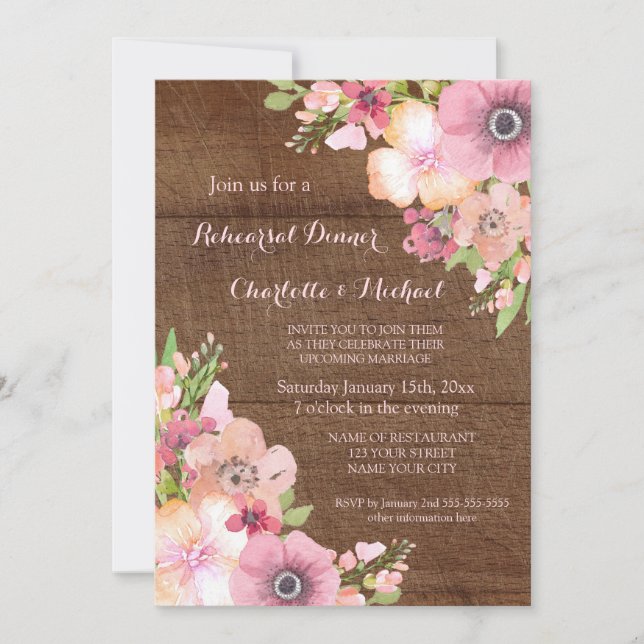 Rustic Wood Pink Floral Rehearsal Dinner Party Invitation (Front)