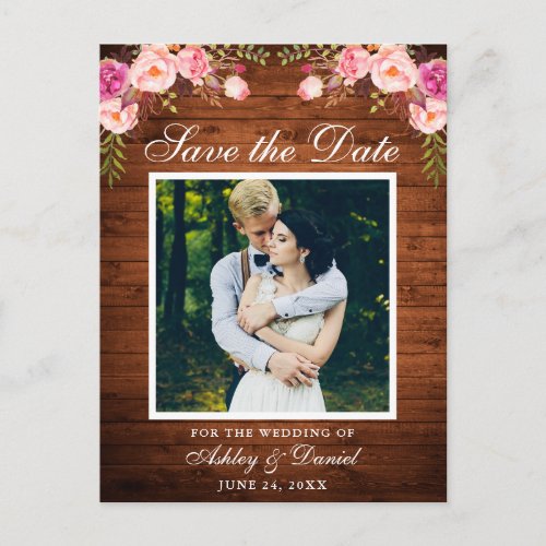 Rustic Wood Pink Floral Save the Date Photo Announcement Postcard