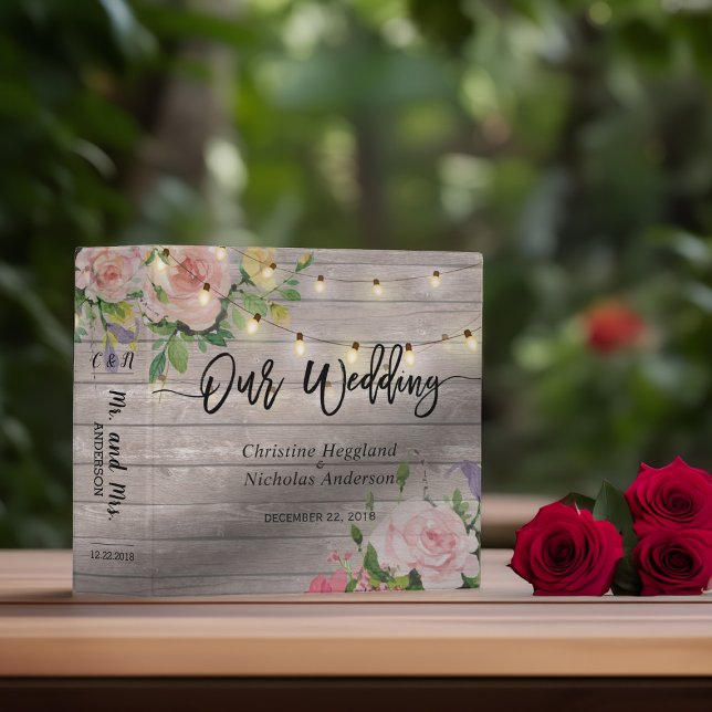 Rustic Wood Pink Floral String Light Wedding Album 3 Ring Binder (Creator Uploaded)