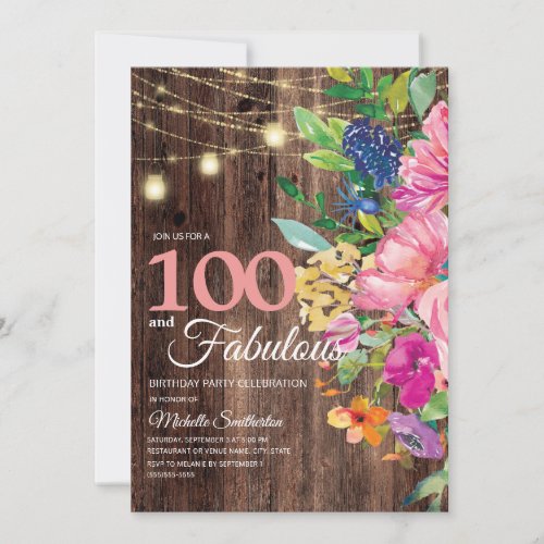 Rustic Wood Pink Floral String Lights 100 Fabulous Invitation