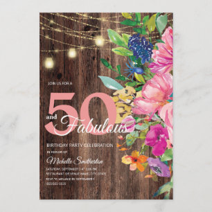 Rustic Wood Pink Floral String Lights 50 Fabulous Invitation