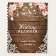 Rustic Wood Pink Floral String Lights Lace Wedding Planner at Zazzle