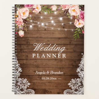 Rustic Wood Pink Floral String Lights Lace Wedding Planner by CardHunter at Zazzle