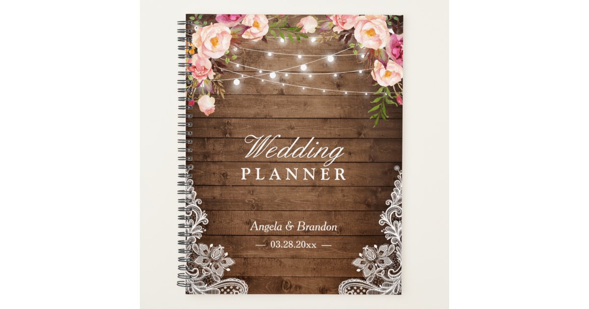 Rustic Wood Pink Floral String Lights Lace Wedding Planner | Zazzle