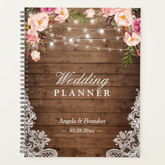 Rustic Wood Pink Floral String Lights Lace Wedding Planner | Zazzle