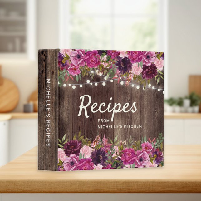 Rustic Wood Pink Floral String Lights Recipe 3 Ring Binder (Pink floral on rustic wood custom recipe notebook)