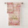 Rustic wood pink floral vintage  family monogram  bath towel set