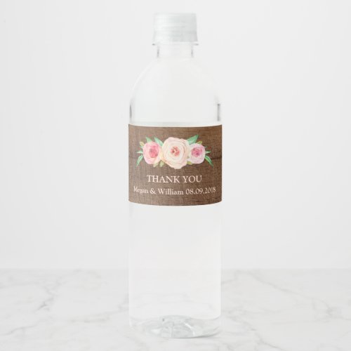 Rustic Wood Pink Floral Water Bottle Label