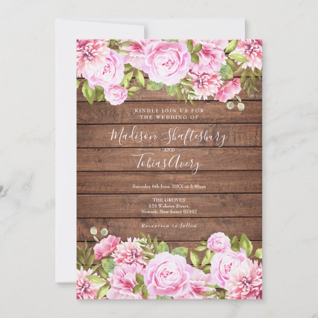 Rustic Wood Pink Floral Wedding Invitation (Front)
