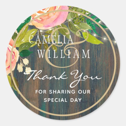 RUSTIC WOOD Pink Floral Wedding Thank You Classic Round Sticker