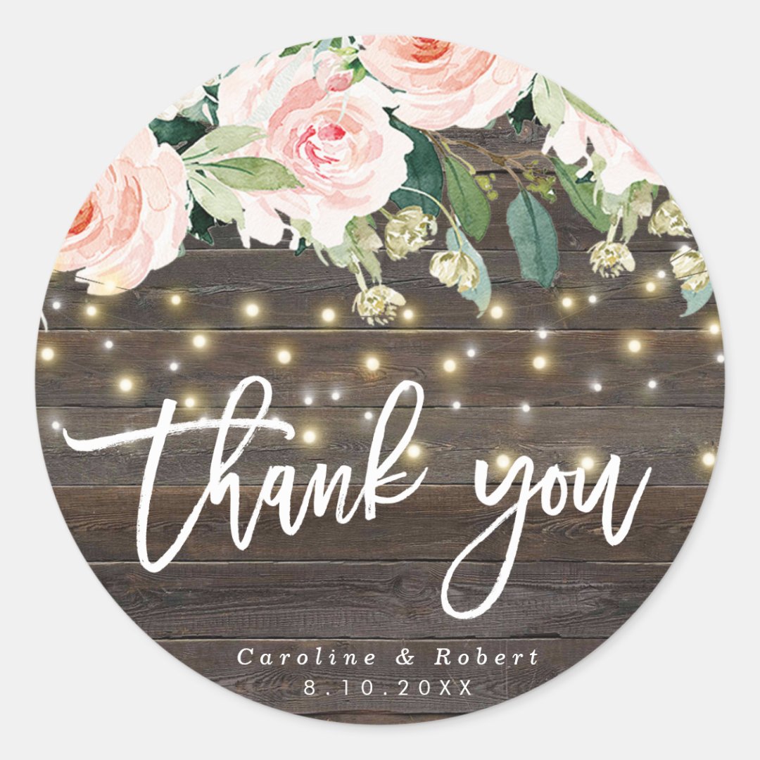 rustic wood pink floral wedding thank you sticker | Zazzle
