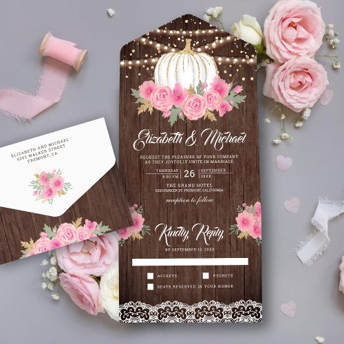 Rustic Wood Pink Floral White Pumpkin Wedding All In One Invitation