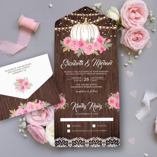 Rustic Wood Pink Floral White Pumpkin Wedding All In One Invitation (Creator Uploaded)