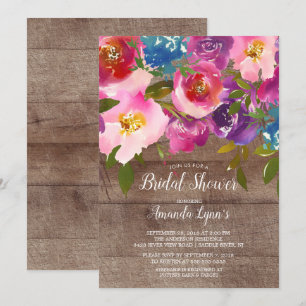 Rustic Wood Pink Flowers Bridal Shower Invitation