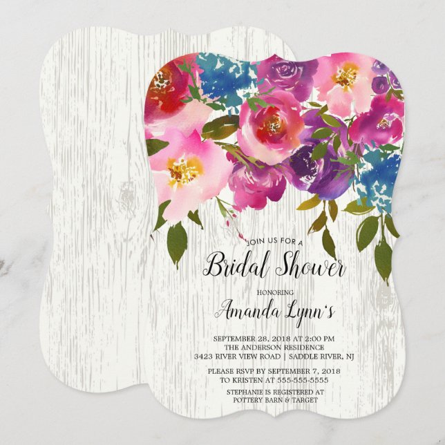 Rustic Wood Pink Flowers Bridal Shower Invitation (Front/Back)
