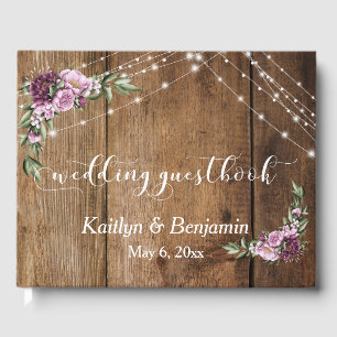 Rustic Wood, Pink Flowers & Lights Typography Guest Book