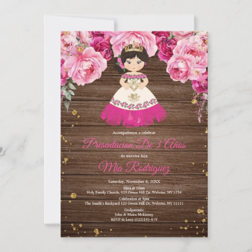 Rustic Wood Pink Fuschia Presentacin De Tres Aos Invitation