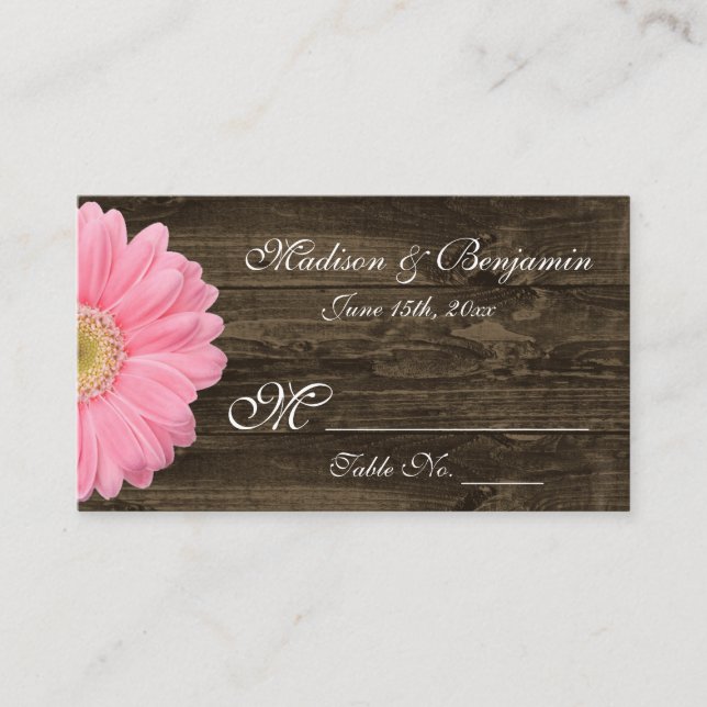 Rustic Wood Pink Gerber Daisy Wedding Place Cards (Front)