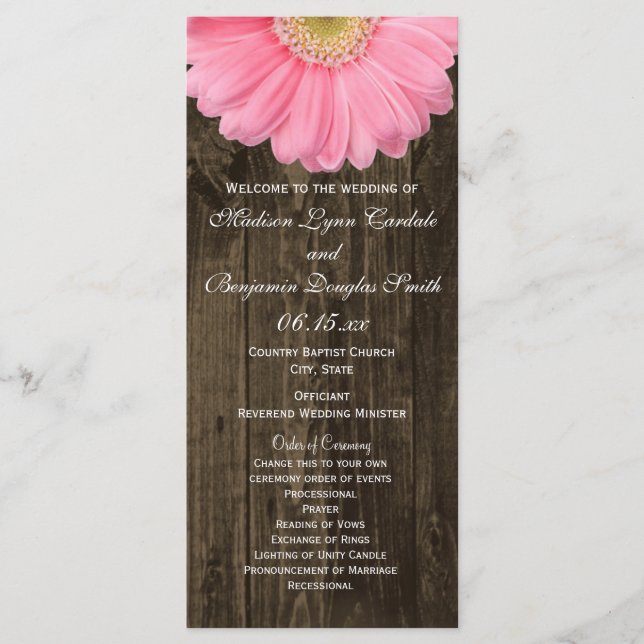 Rustic Wood Pink Gerber Daisy Wedding Programs (Front)