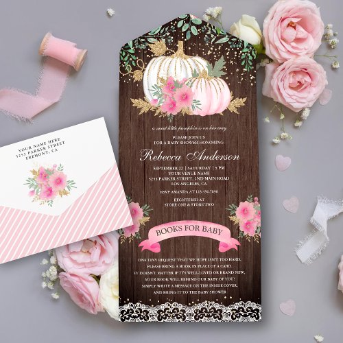 Rustic Wood Pink Gold Floral Pumpkin Baby Shower All In One Invitation