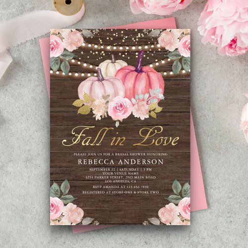 Rustic Wood Pink Gold Pumpkin Floral Bridal Shower Invitation