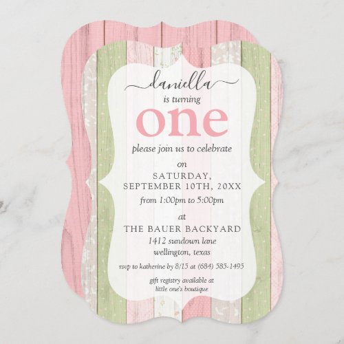 Rustic Wood Pink  Green Custom Age Birthday Party Invitation