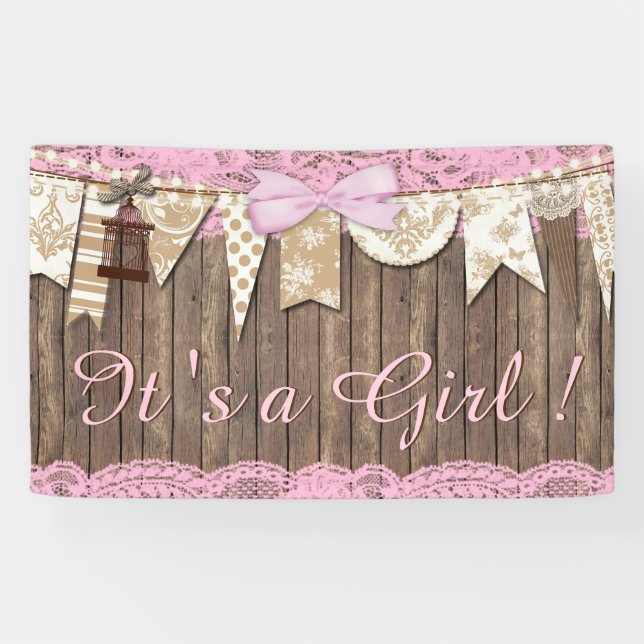 Rustic Wood Pink Lace Girl Baby Shower Banner (Horizontal)